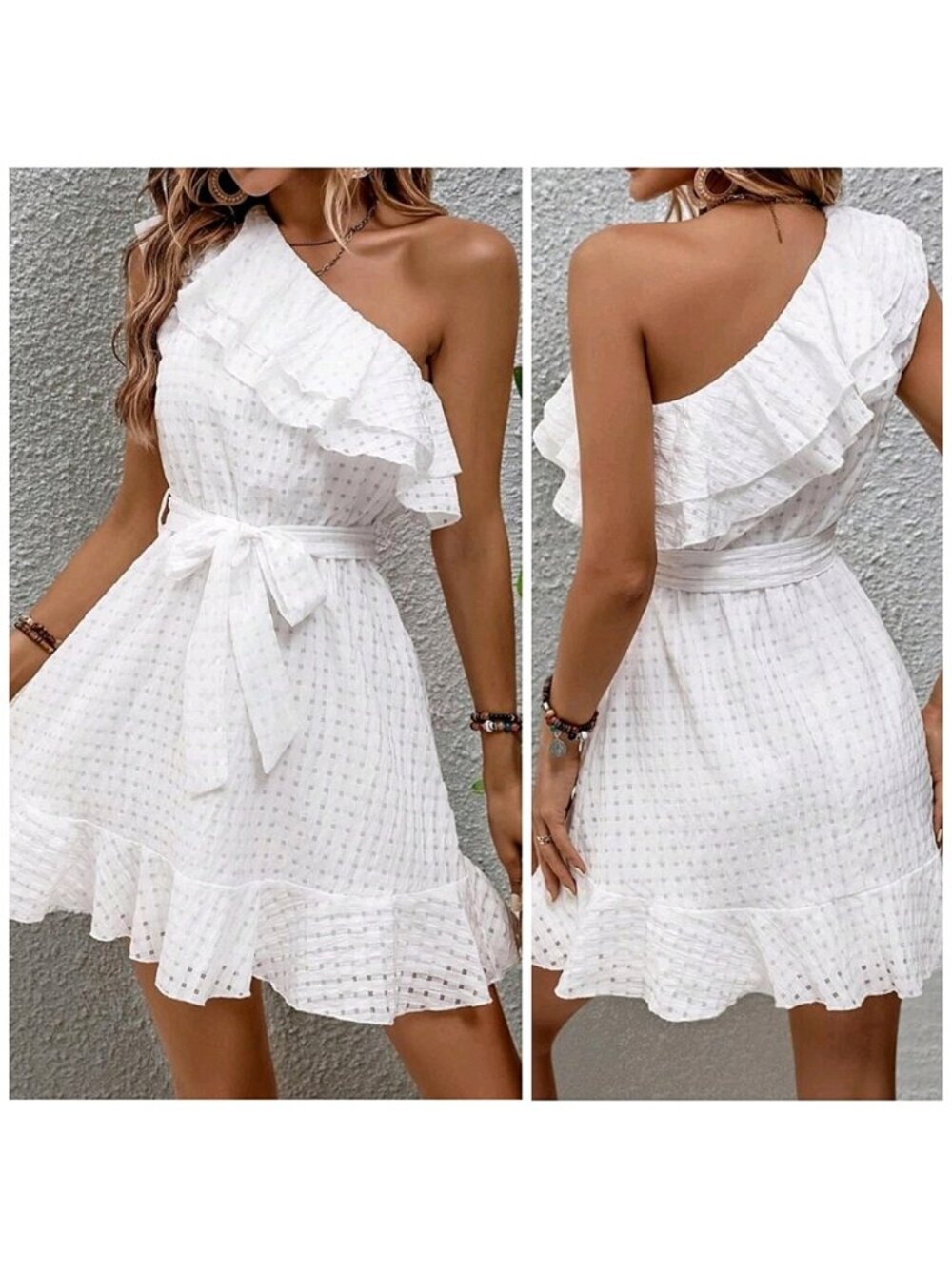 New Flowy Gingham Layered One Shoulder Ruffle Short Dress White
